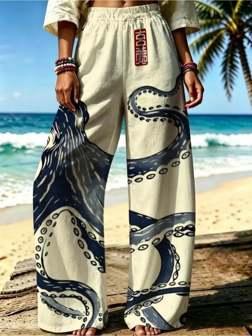 Women's Wide-Leg Beach Pants with Octopus Print - Cream/Navy